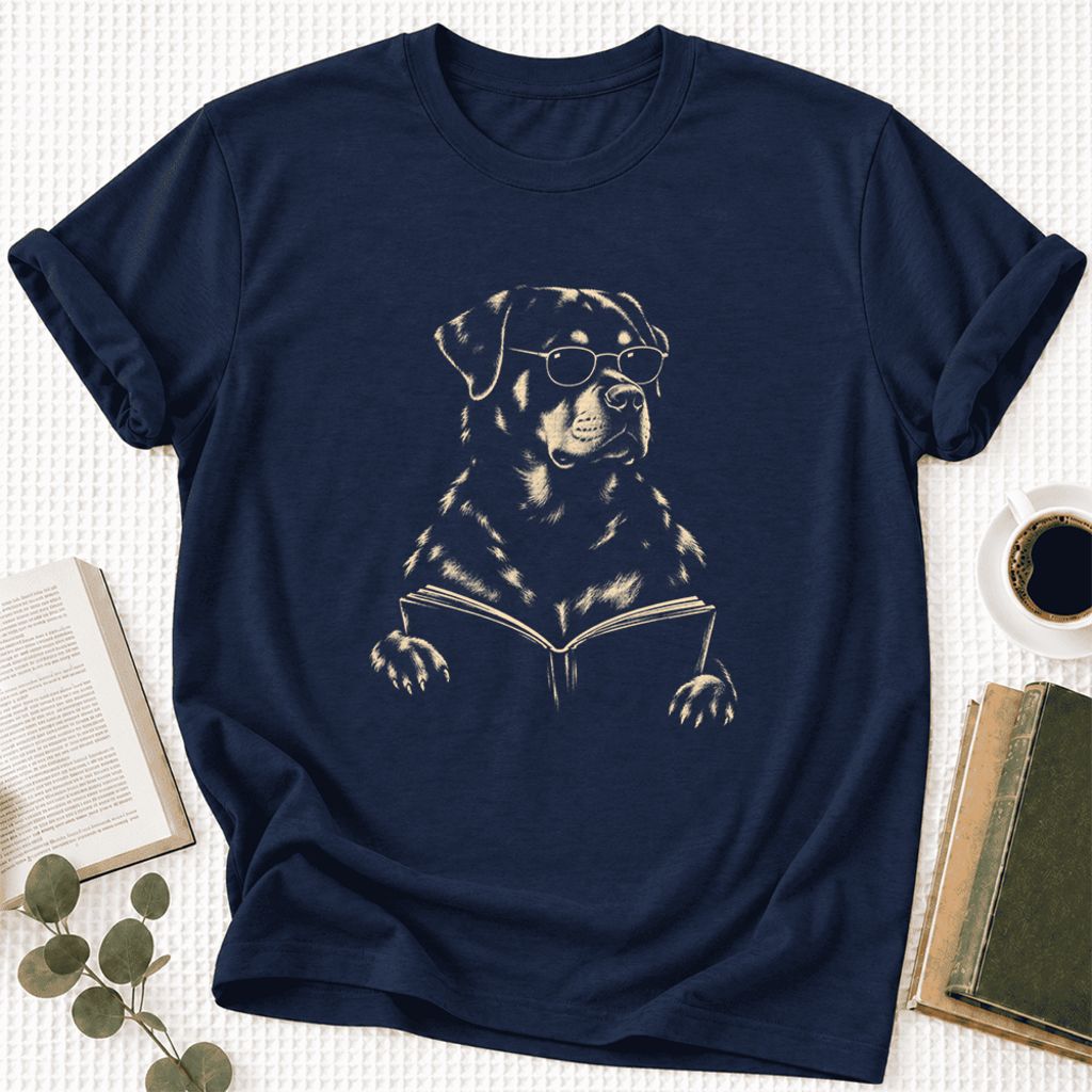 Rottweiler Reading Book Ultra-Soft Cotton T-Shirt | Dog Mom Reader Gift Navy