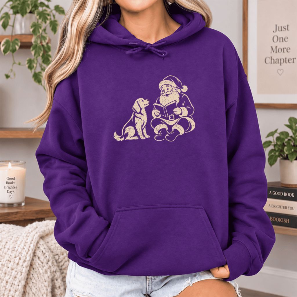 Funny Dog With Santa Christmas Softstyle Hoodie | Christmas Gift For Dog & Book Lover Purple