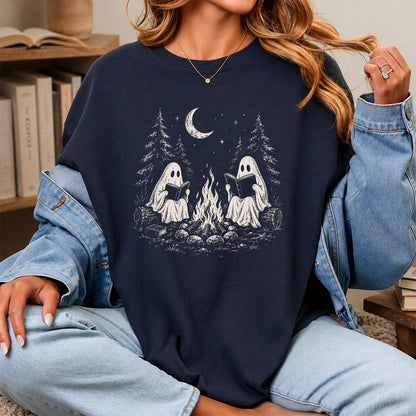 Camping Reading Ghosts Printed T-Shirt | Spooky Book Lover Gift Navy