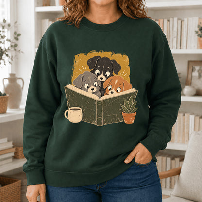 Minimal Japanese Dogs Reading Crewneck Sweatshirt | Reader Gift Forest Green