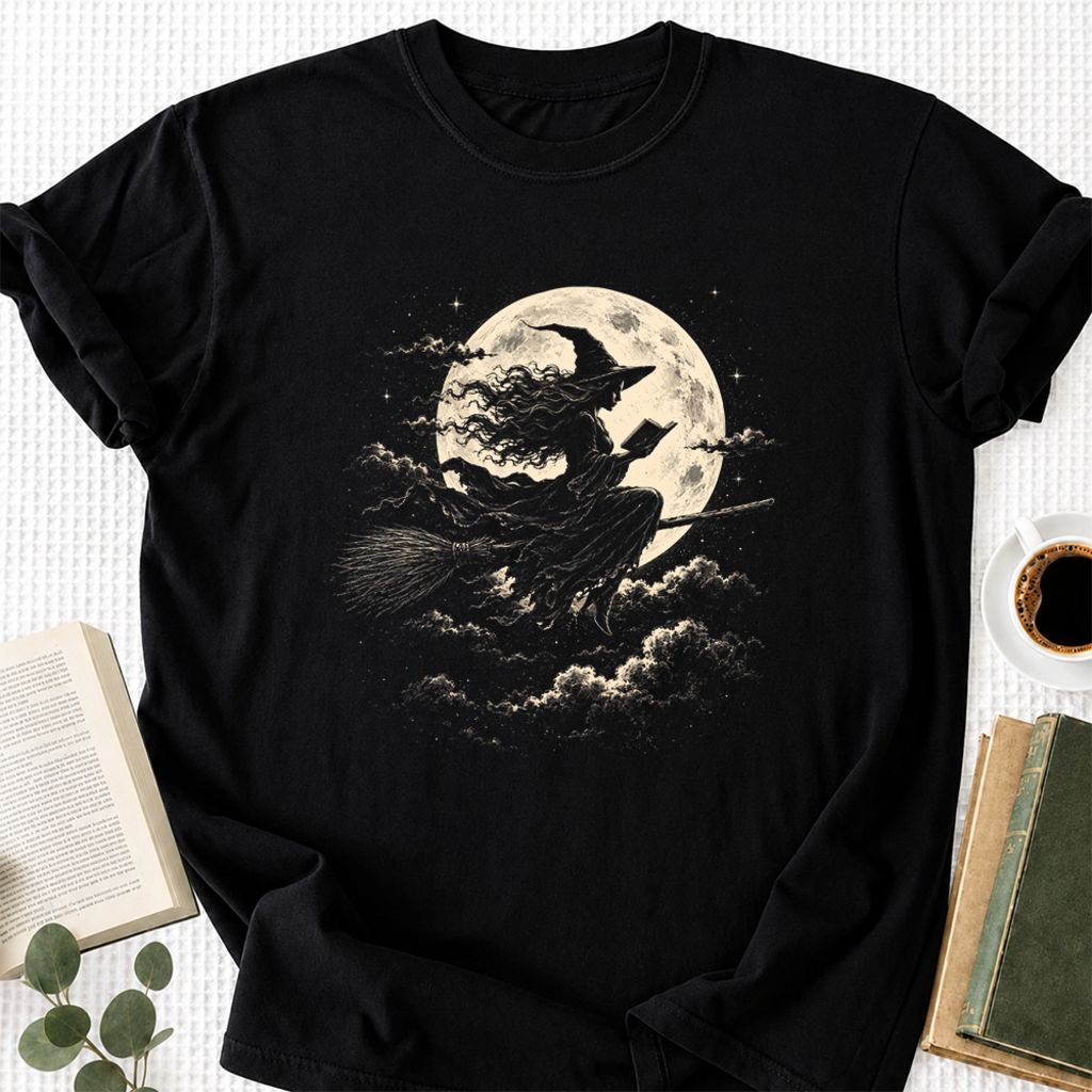 Reading Witch On The Flying Broom Printed T-Shirt | Halloween Book Lover Gift Black