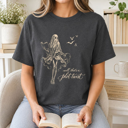 Funny Dress-Wearing Bookworm Ghost Printed T-Shirt | Halloween Book Lover Gift Dark Heather