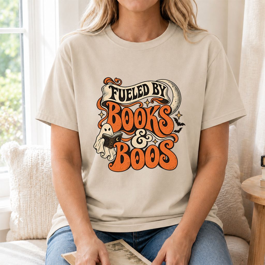 Fueled By Books & Boos Printed T-Shirt | Halloween Book Lover Gift Sand