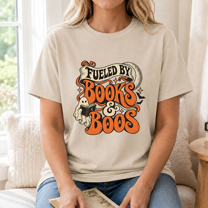 Fueled By Books & Boos Printed T-Shirt | Halloween Book Lover Gift Sand