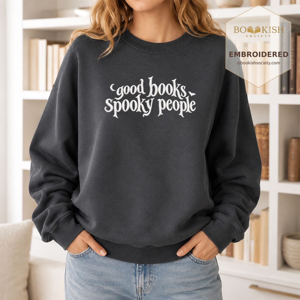 Good Books Spooky People Embroidered Sweatshirt | Halloween Book Lover Gift Dark Heather