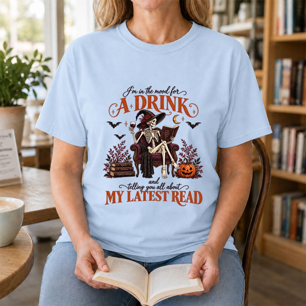 Telling You All About My Lastest Read Printed T-Shirt | Halloween Reader Gift Light Blue