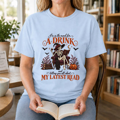 Telling You All About My Lastest Read Printed T-Shirt | Halloween Reader Gift Light Blue