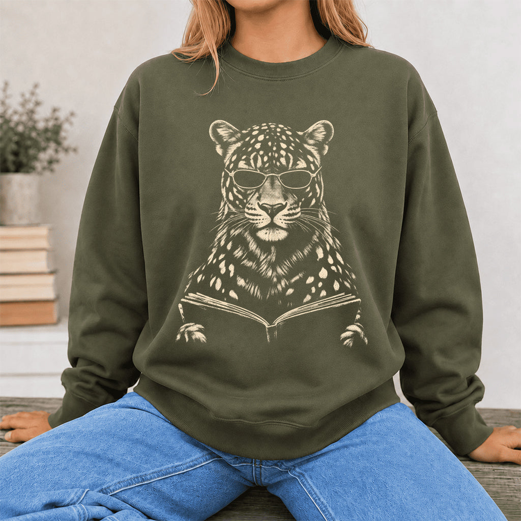 Leopard Reading Book Crewneck Sweatshirt | Reader Gift Military Green