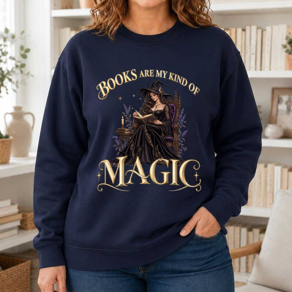 Books Are My Kind Of Magic Crewneck Sweatshirt | Halloween Literary Fantasy Book Lover Gift Navy