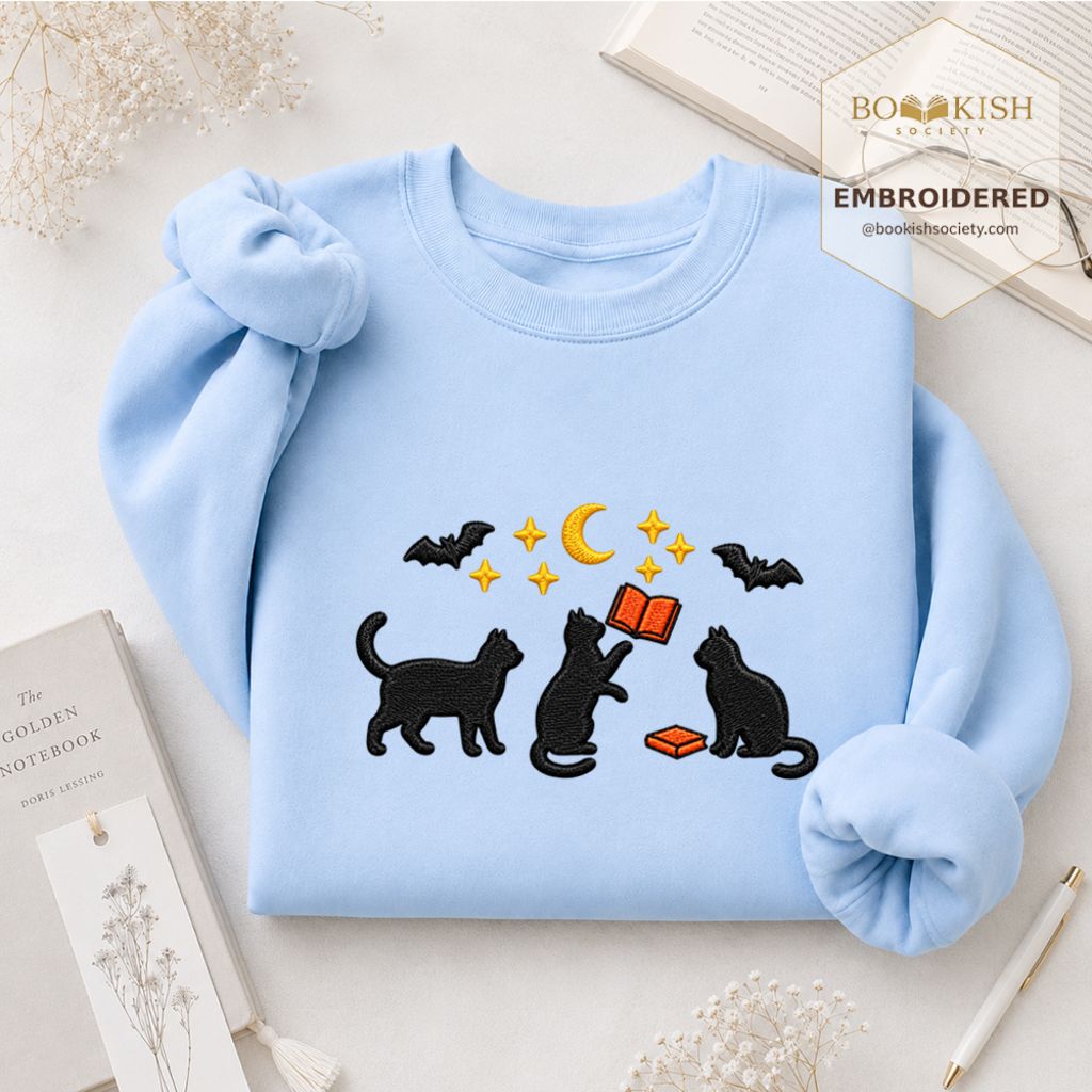 Black Cats With Books Embroidered Sweatshirt | Spooky Reader Gift Light Blue