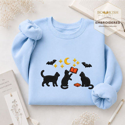 Black Cats With Books Embroidered Sweatshirt | Spooky Reader Gift Light Blue