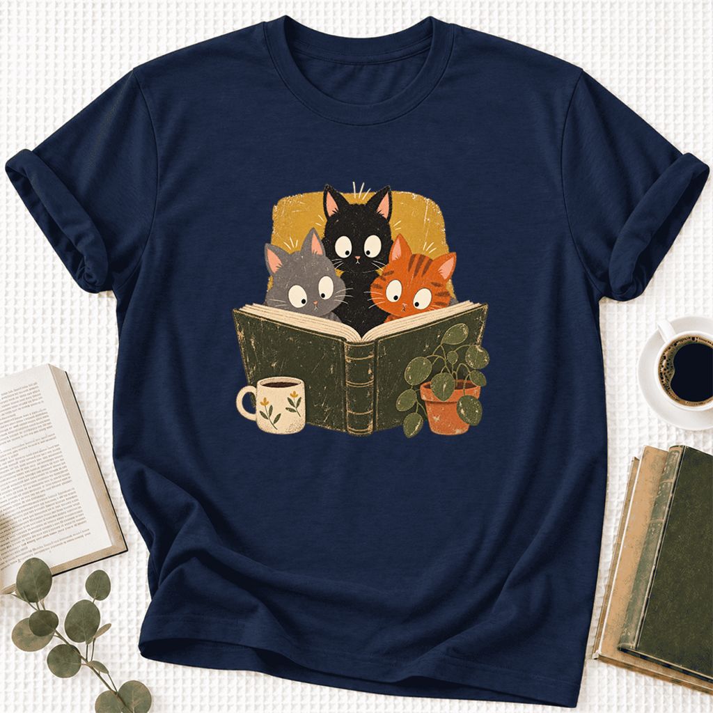 Curious Reading Cats Ultra-Soft Cotton T-Shirt | Cat Lover Reader Gift Navy