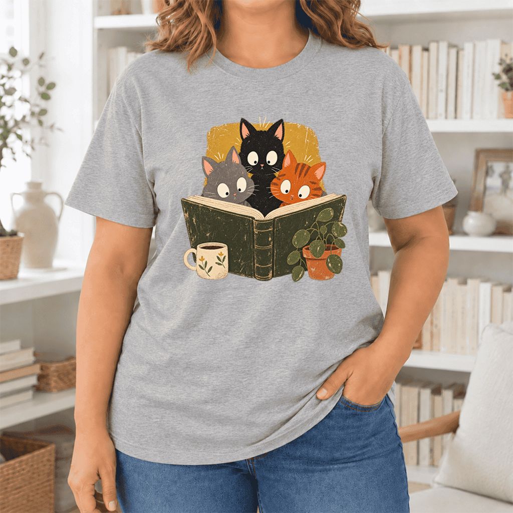 Curious Reading Cats Ultra-Soft Cotton T-Shirt | Cat Lover Reader Gift Athletic Heather