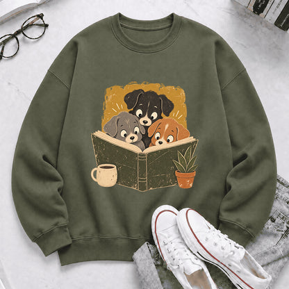 Minimal Japanese Dogs Reading Crewneck Sweatshirt | Reader Gift Military Green