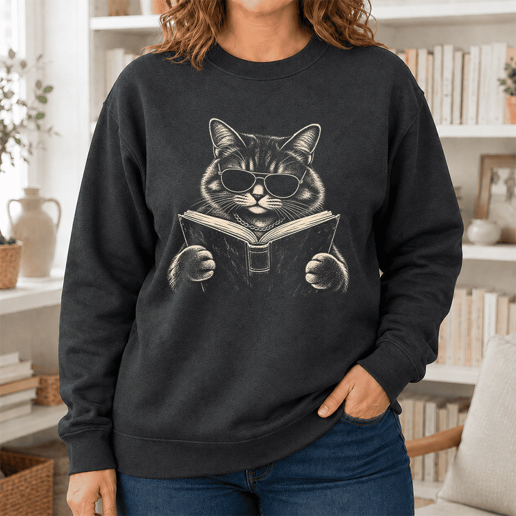 Cat Reading Book Crewneck Sweatshirt | Reader Gift Dark Heather