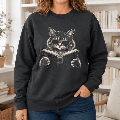 Cat Reading Book Crewneck Sweatshirt | Reader Gift Dark Heather