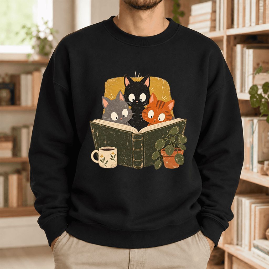 Curious Reading Cats Softstyle Sweatshirt | Cozy Book Lover Gift Black