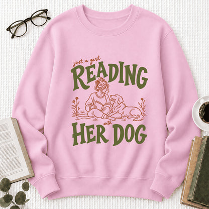 Just A Girl Reading With Her Dog Crewneck Sweatshirt | Reader Gift Light Pink
