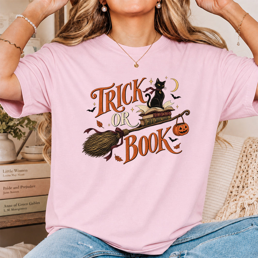Trick Or Book Black Cat Printed T-Shirt | Halloween Book Lover Gift Light Pink