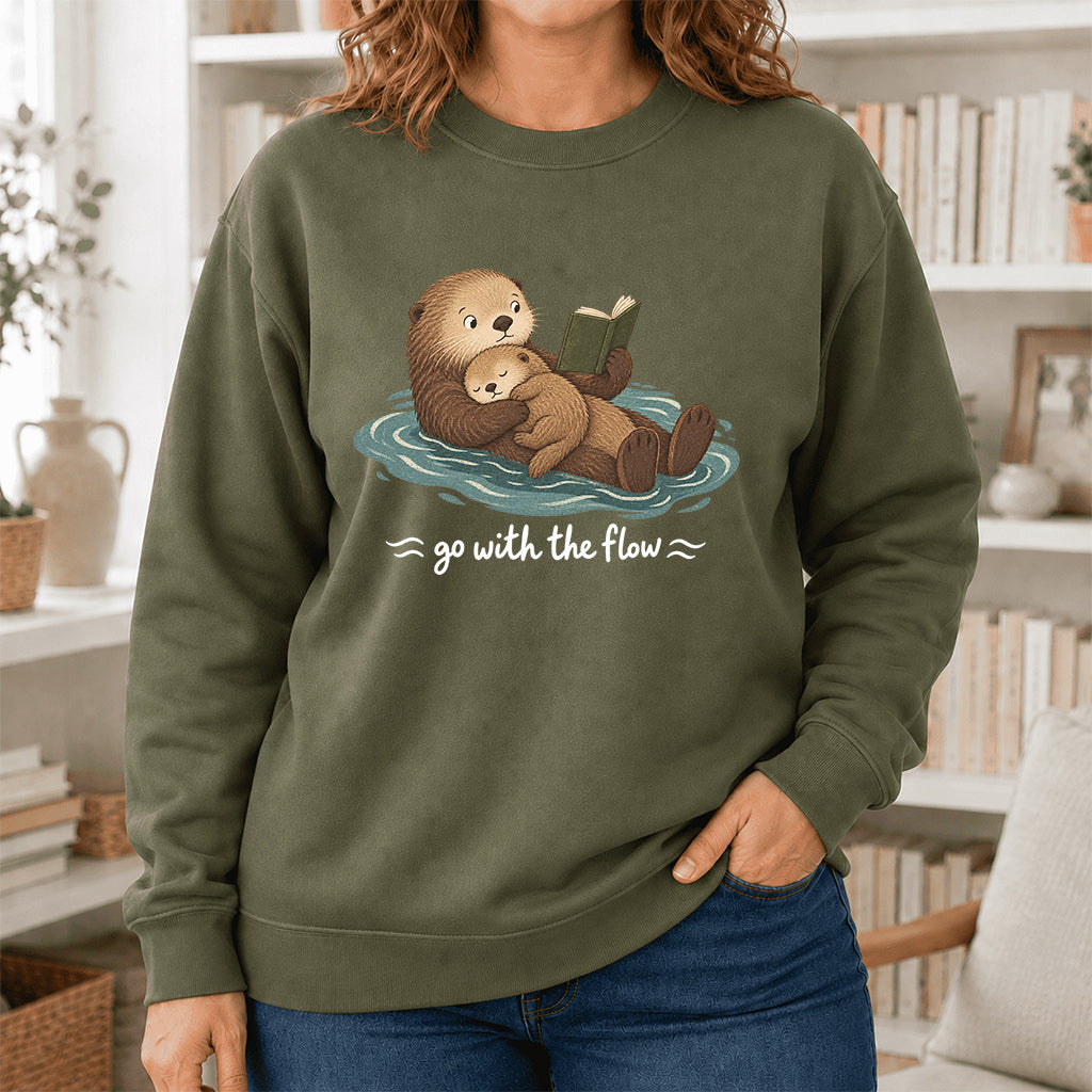 Go With The Flow Otter Reading Crewneck Sweatshirt | Reader Gift Military Green