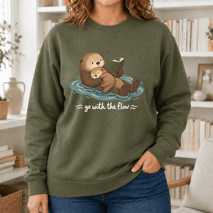 Go With The Flow Otter Reading Crewneck Sweatshirt | Reader Gift Military Green