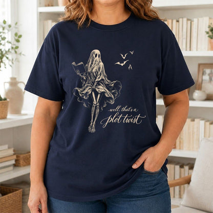 Funny Dress-Wearing Bookworm Ghost Printed T-Shirt | Halloween Book Lover Gift Navy