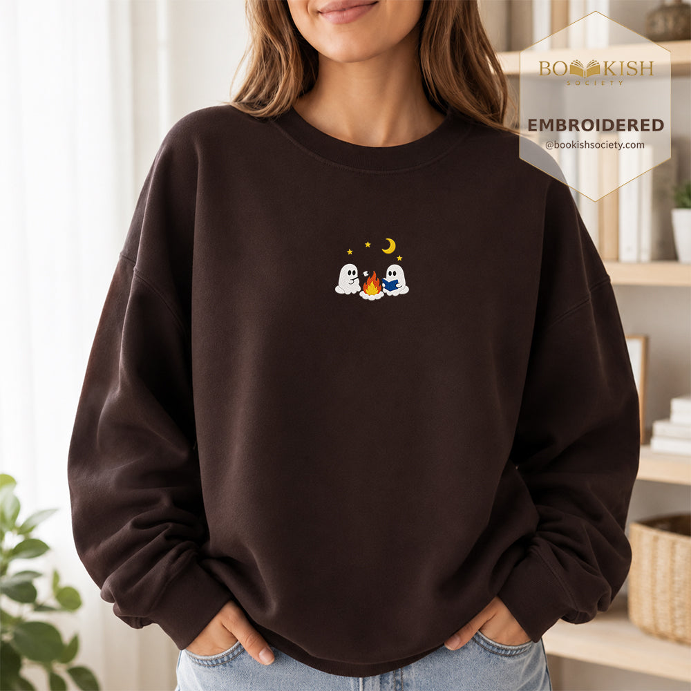 Cute Ghost Camping Embroidered Sweatshirt | Reader Gift Dark Chocolate
