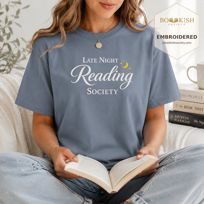 Late Night Reading Society Embroidered Comfort Color® T-shirt | Book Lover Gift Blue Jean
