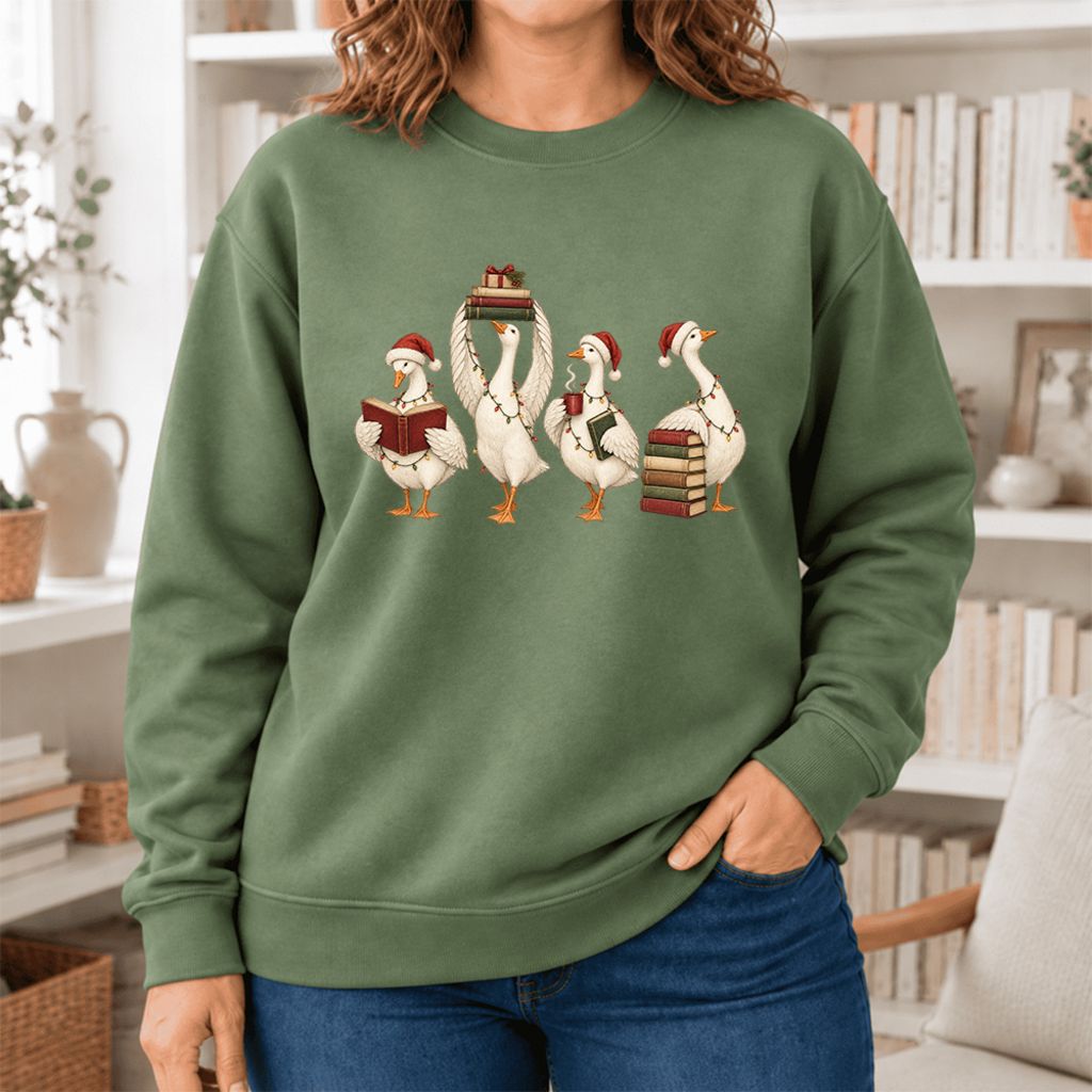Christmas Reading Ducks Softstyle Sweatshirt | Christmas Book Lover Gift Military Green