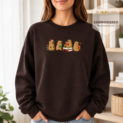 Reading Capybaras Embroidered Sweatshirt | Reader Gift Dark Chocolate