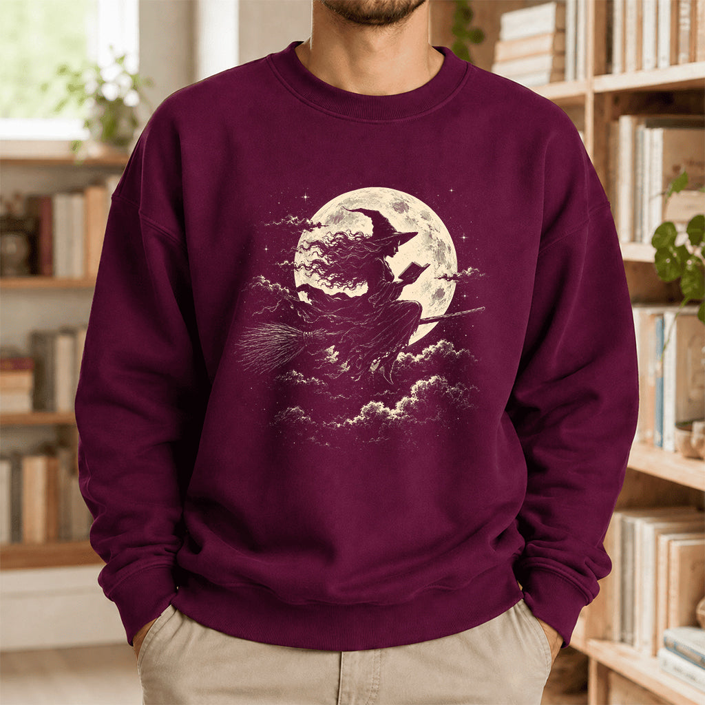 Reading Witch On The Flying Broom Printed Sweatshirt | Halloween Reader Gift Maroon