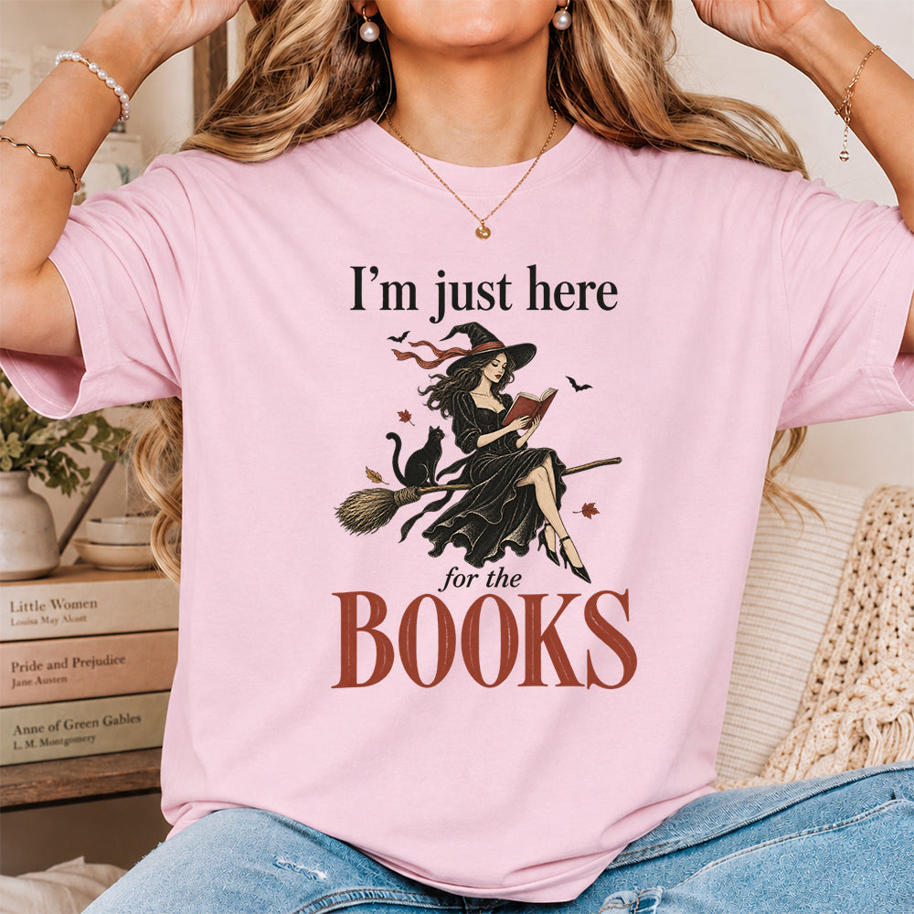 I'M Just Here For The Books Printed T-Shirt | Halloween Book Lover Gift Light Pink