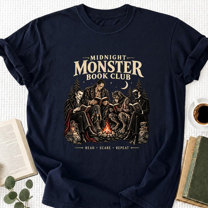 Midnight Monster Book Club Printed T-Shirt | Halloween Book Lover Gift Navy