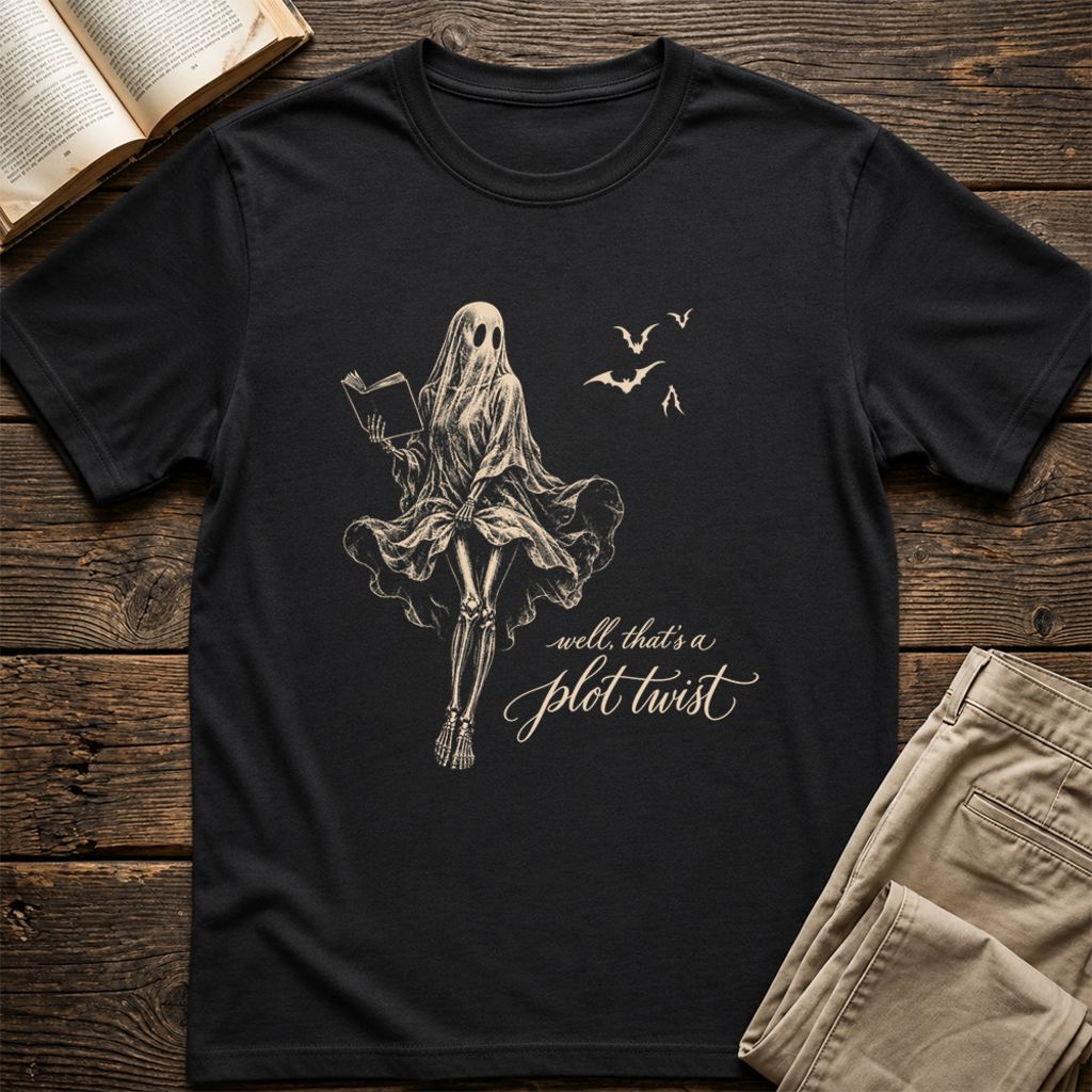 Funny Dress-Wearing Bookworm Ghost Printed T-Shirt | Halloween Book Lover Gift Black