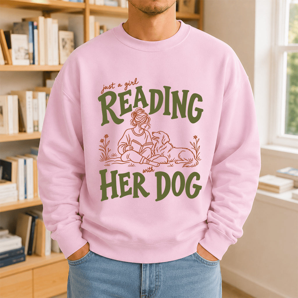 Just A Girl Reading With Her Dog Crewneck Sweatshirt | Reader Gift Light Pink