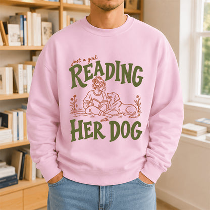 Just A Girl Reading With Her Dog Crewneck Sweatshirt | Reader Gift Light Pink