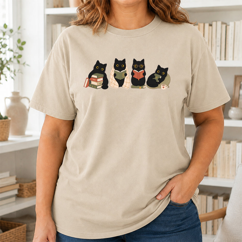 Black Cats Reading Softstyle T-Shirt | Book Lover Gift Sand