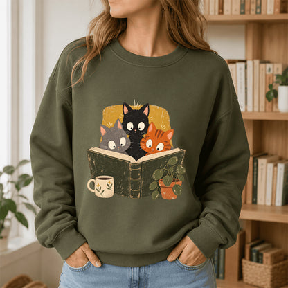 Minimal Japanese Cats Reading Crewneck Sweatshirt | Reader Gift Military Green
