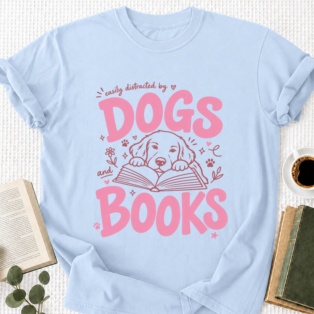 Easily Distracted by Dog and Books Cotton T-Shirt | Dogs Lover & Reader Gift Light Blue
