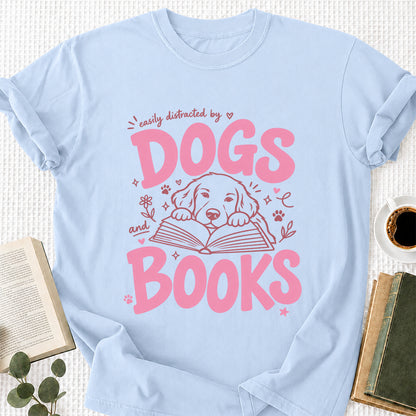 Easily Distracted by Dog and Books Cotton T-Shirt | Dogs Lover & Reader Gift Light Blue