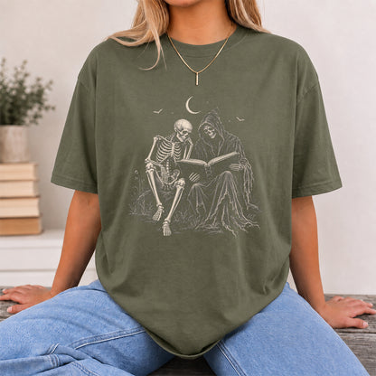 Halloween Reading Buddies Printed T-Shirt | Halloween Book Lover Gift Military Green