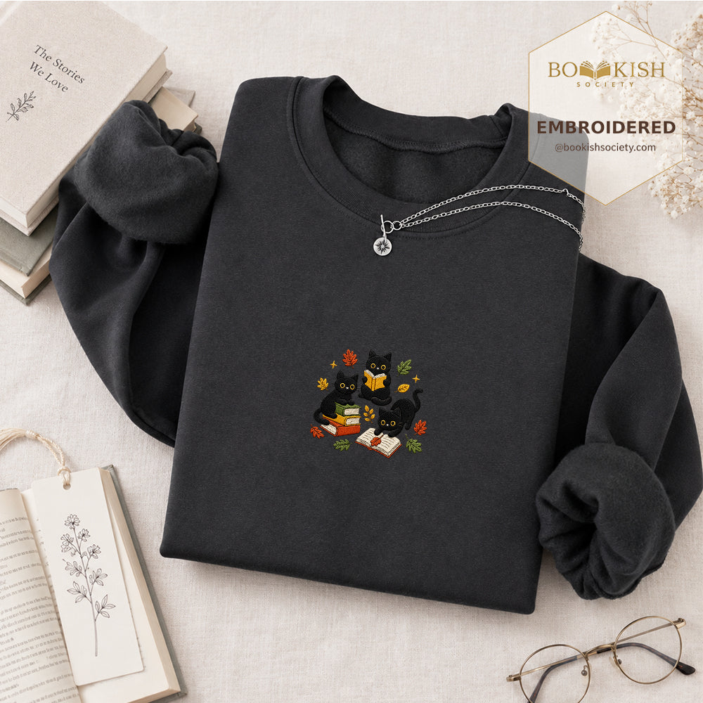 Cat Catching Leaves Embroidered Sweatshirt | Reader Gift Dark Heather