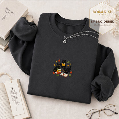 Cat Catching Leaves Embroidered Sweatshirt | Reader Gift Dark Heather