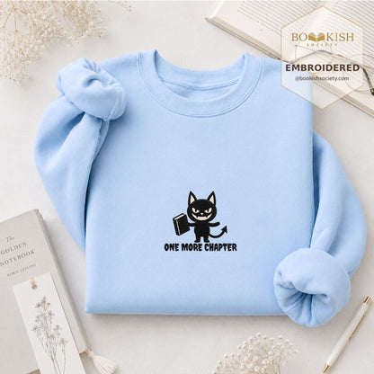 One More Chapter Devil Cat Embroidered Sweatshirt | Halloween Book Lover Gift Light Blue