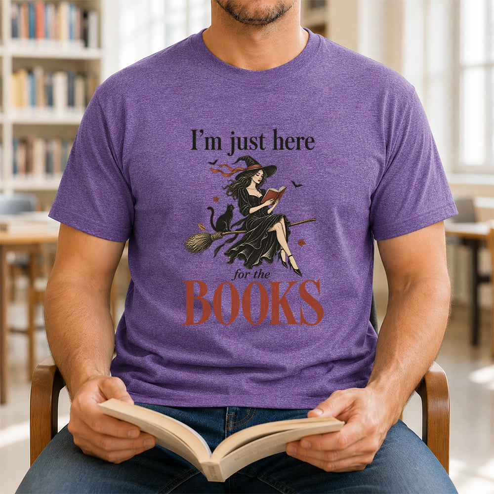 I'M Just Here For The Books Printed T-Shirt | Halloween Book Lover Gift Heather Purple