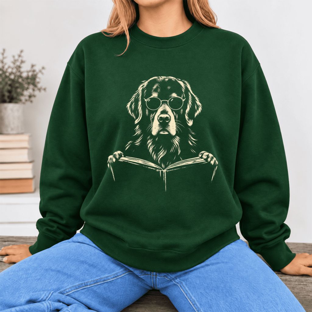 Golden Retriever Reading Book Softstyle Sweatshirt | Golden Retriever Gift Forest Green
