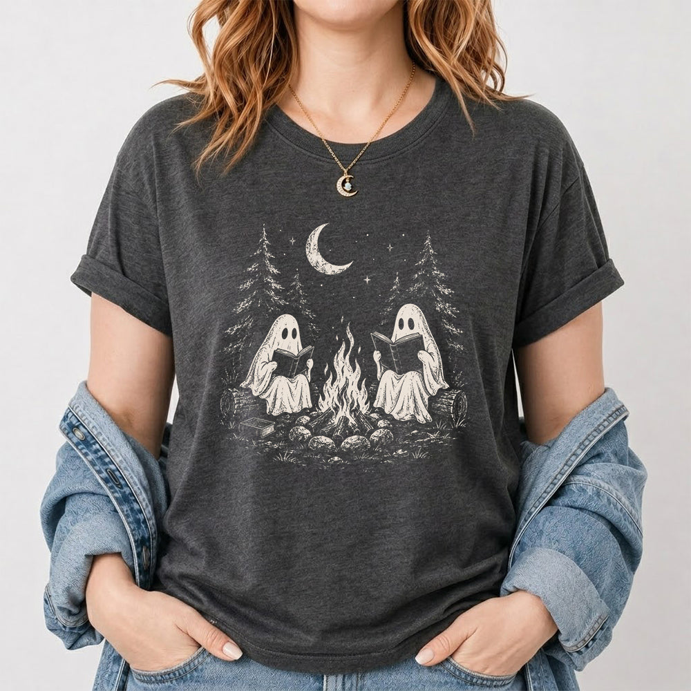 Camping Reading Ghosts Printed T-Shirt | Spooky Book Lover Gift Dark Heather