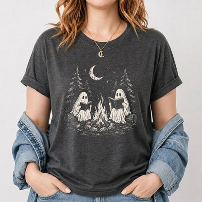 Camping Reading Ghosts Printed T-Shirt | Spooky Book Lover Gift Dark Heather