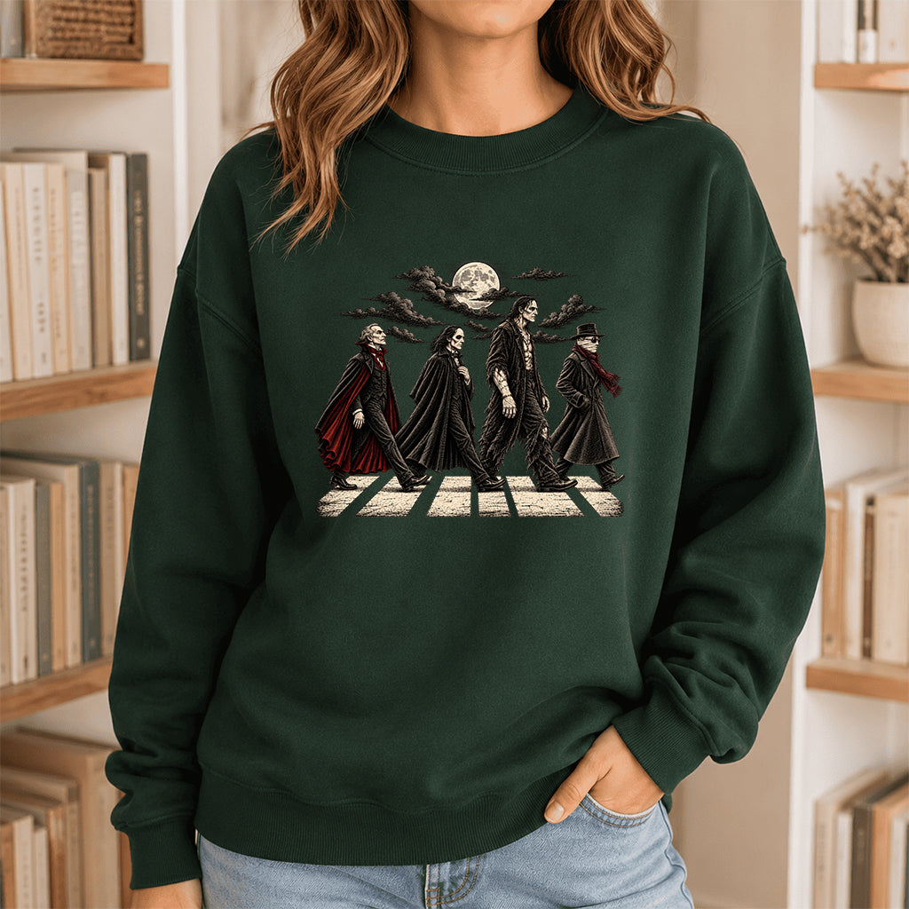 Monsters Road Printed Sweatshirt | Halloween Book Lover Gift Forest Green