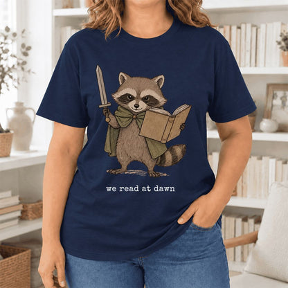 We Read At Dawn Funny Racoon Ultra-Soft Cotton T-Shirt | Playful Reader Gift Navy